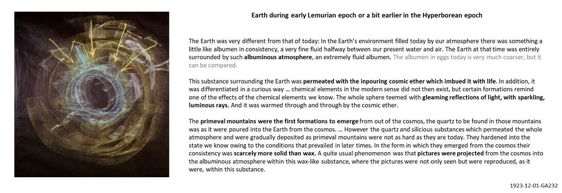 shows part of a blackboard drawing (BBD) by Rudolf Steiner of the condition of the Earth before it densified to the current state as we know it, in the Hyperborean epoch to early Lemurian epoch, with a short description from the lecture of 1923-12-01-GA232. Note: the larger BBD of this lecture is one of the examples discussed by Maria Sam in 'Bildspuren der Imagination: Rudolf Steiners Tafelzeichnungen als Denkbilder' (see p. 56-57)