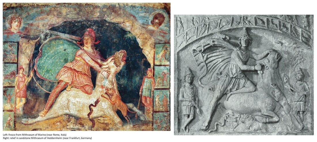 shows two well known ancient depictions of the Mithras cult symbol. Left a fresco from the mithraeum of Marino near Rome (Italy); right a relief in sandstone at the Mithraeum of Heddernheim near Frankfurt (Germany). Observe the consistency of key elements besides the bull, like the two guardians, dog, snake, scorpion.