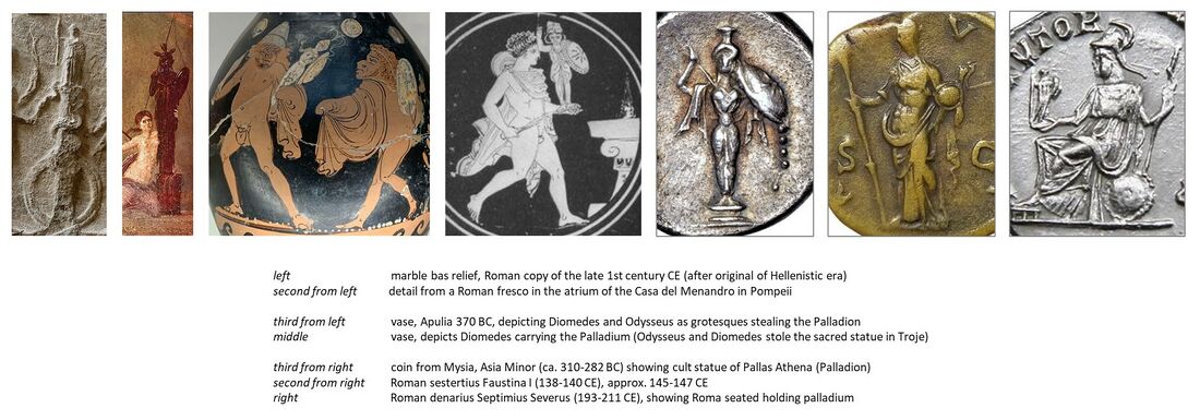 shows various ancient illustrations of the ancient Greek deity Pallas Athena, and (middle) 'possibly' the Palladium (in Latin) or Palladion (in Greek), a.o. on vases and coins. Note the remarkable consistency over the centuries from the 4th century BC to 2nd century CE. These are most probably illustrations of symbolic statues of Pallas Athena, and with these it is not implied that these images depict what is described by Rudolf Steiner as the Palladium, as (1) the Palladium has a clear symbolic and esoteric meaning beyond the purely physical material object (2) the Palladium was always said to be held in secrecy, hidden in a temple, or buried. However, Pallas-Athena was an important deity in ancient cultures, so logically there were exoteric symbols to refer to it. See coverage on: Threefold Sun#Note 2 - The Palladium as a symbol of the secret of the sun