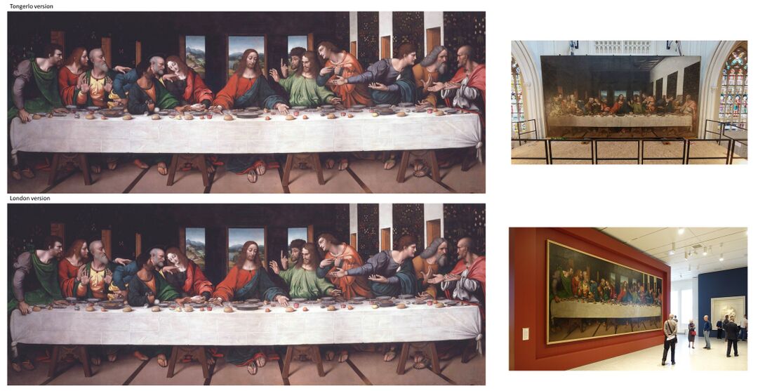 shows the two best historical copies of Da Vinci's Last Supper fresco, that had been deteriorating quickly already decades after it was finished in 1498. These two high quality copies are nearly identical and were originally (nearly) full size canvas versions, that have been used as reference for restauration of the fresco. Studies have shown that these faithful copies were produced in Leonardo's studio by his best students within 20 years of the original, probably under supervision by Leonardo. Research has shown that (with high likelihood), the Tongerlo (Belgium) version was ordered by the King of France directly from Leonardo after seeing the original fresco (see paper by Isbouts and Brown). Its original size (462x828) was nearly exactly that of the fresco (460x880). The London (UK) version was slighly smaller and further reduced in width with the upper part cut (to the current 300x780). Double click further to get high resolution version. More details in Last Supper by Leonardo da Vinci#Note 1 - Copies of Da Vinci's Last Supper.