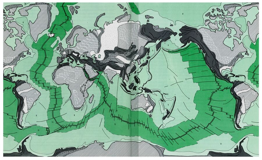 is a map integrating work from many authors, taken from Hans-Ulrich Schmutz: 'Die Tetraeder-struktur der Erde' (Eine geologisch-geometrische Untersuchung anhand der Plattentektonik) (1986); in English: 'The tetrahedral structure of the earth - a geological-geometric investigation based on plate tectonics'. The map provides an overview showing expansion areas in green and compression areas in dark grey. Relate the largest green areas on the right and below right to Schema FMC00.599A (and FMC00.600A).