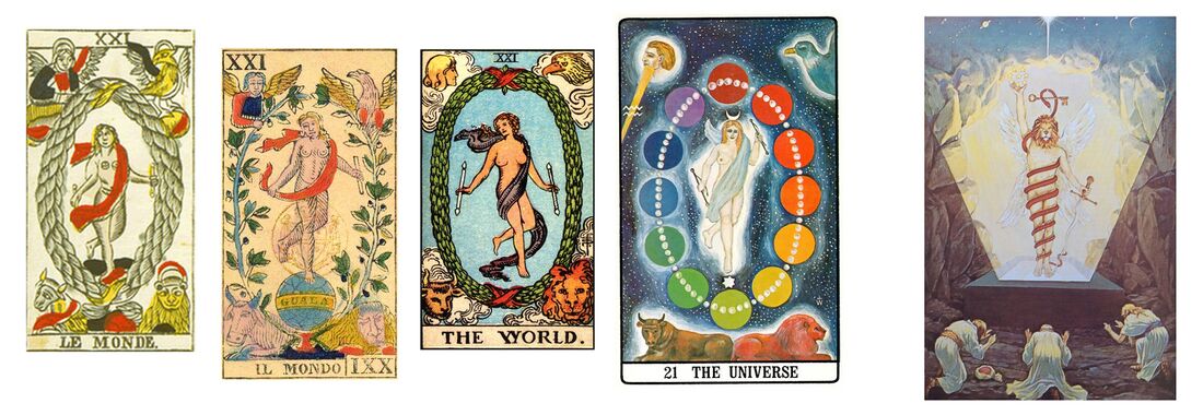 shows various more recent symbolic illustrations linking to time and eternity, as shown on Schema FMC00.628. On the left, four versions of Tarot card 21 of the major arcana 'the world' or 'the universe'. Outer left two of the oldest Tarot de Marseille decks, on the right the Wang-Regardie version (published 1977), second from right the Rider-Waite version (published 1909). Outer right: illustration from Manly P. Hall's 'An encyclopedic outline of masonic, hermetic, cabbalistic and rosicrucian symbolical philosophy' (1928), combining various ancient elements visible also on Schema FMC00.628.