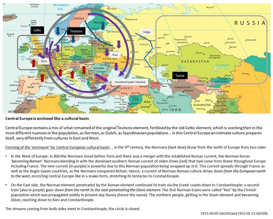 illustrates the forming of the enclosure of the Central European cultural basis, which is as old as the 9th century when the conquests of the Normans brought a mixture of the Celtic and Teutonic elements. To be superimposed on this explanation is the arabic influence on the development of the intellectual soul, coming through Spain into Europe in the period of approx. 600 to 1200 AD, for more info see the topic page Reconquista.