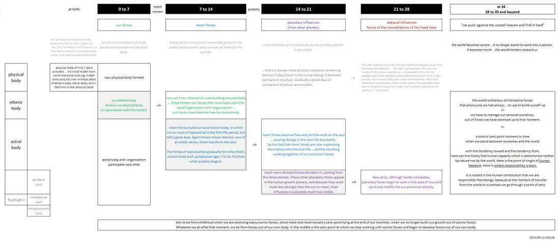 depicts how different spiritual influences (in colours) develop Man's bodily principles in consecutive seven year periods (greyed background) and how these forces cause new soul faculties after they are set free from this work. The table focuses on the first three septennia up to age 21, and is based on 1924-09-11-GA318.