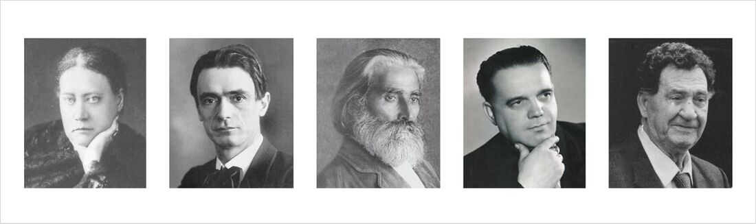 depicts contemporary western teachers of humanity of end 19th to end 20th century; from left to right: Helena Blavatsky, Rudolf Steiner, Beinsa Douno, Franz Bardon, Daskalos. Pictures at younger age, see also Schema FMC00.609B.