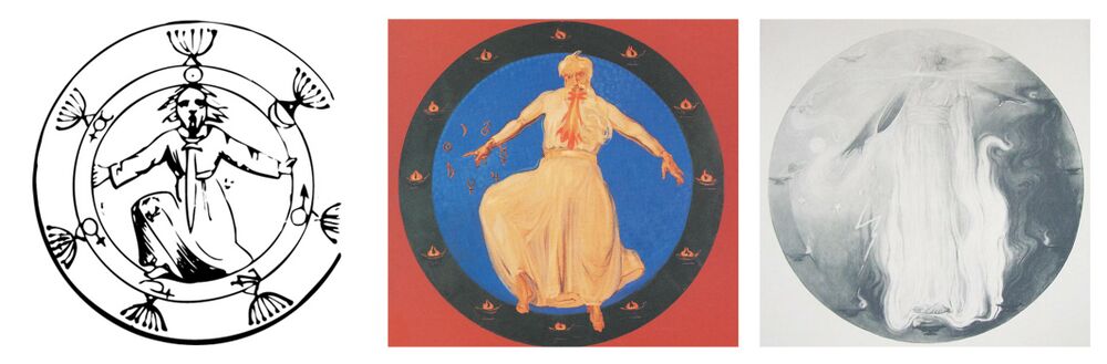 shows the first apocalyptic seal, with Man as a future creative God, able to develop himself - this is represented by the fiery sword that projects from the mouth of the figure. His planet and everything will consist of fiery matter then, hence the feet of flowing metal. Left, the base version by Eliphas Levi, middle by Clara von Rettich and right by Arild Rosenkrantz. It depicts Revelation 1:16: "In his right hand he held seven stars, from his mouth came a sharp two-edged sword, and his face was like the sun shining in full strength." explained in 1908-06-25-GA104 as "Christ-Jesus who brought full I-consciousness to Man, is symbolically correctly represented in the Apocalypse as one who has the sharp two-edged sword in his mouth". See also Human 'I'. To appreciate why it is shown here: * See explanation of this 'First Seal' on Book of Revelation, then combine with 1907-06-05-GA099 below. * See 1904-06-15-GA090A below, and relate the future planetary stages (and especially Future Venus) to the Earth's CoL in Schema FMC00.298 (and variants) on Earth rounds perspective