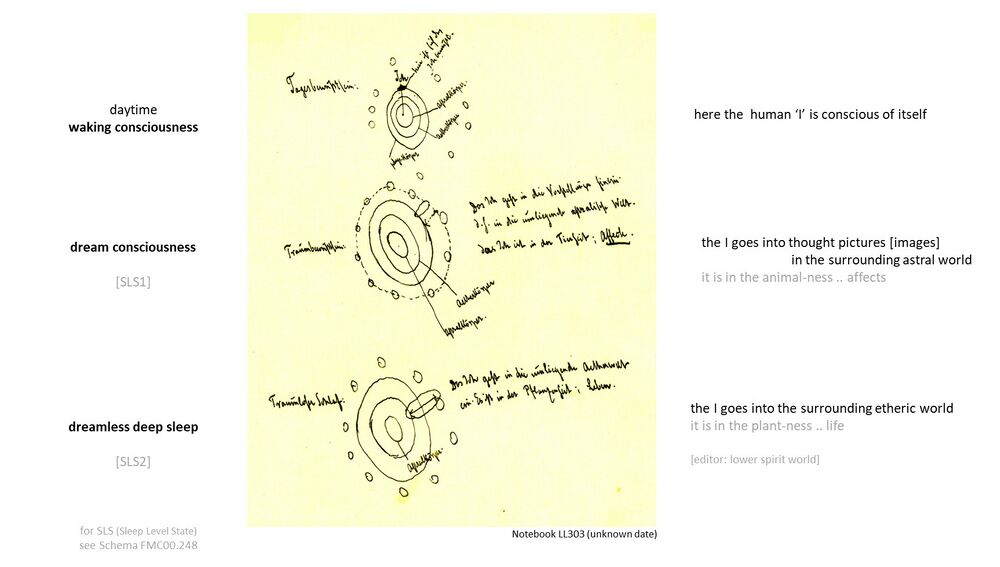 shows a notebook (NB) entry by Rudolf Steiner depicting three states of human consciousness that Man knows from experience: daytime waking consciousness, dream, and dreamless (sleep level states SLS1 and SLS2 on Schema FMC00.248). The three concentric circles represent the physical, etheric, and astral bodies; with the human 'I' as the point in the center. With this presentation, note the animal group souls are in the astral world, the etheric life principle as in the plant archetypes relates to the lower spirit world, the mineral physical relates to the higher spirit world - see also Schema FMC00.518.
