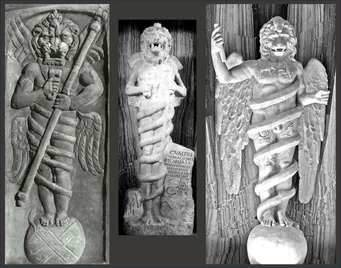 illustrates the leontocephaline figures found in Mithraic temples: lion-headed figures with naked human body entwined with a serpent, (two or) four wings, and holding one or two keys and a staff or sword. Manly Hall quotes Franz Cumont and relates this symbol to boundless time and the victory over time and the god Aion or Kronos. Compare also with depictions of Phanes (such as in the Estense Gallery in Modena, Italy) showing a winged human body encircled by a serpent and holding a staff.