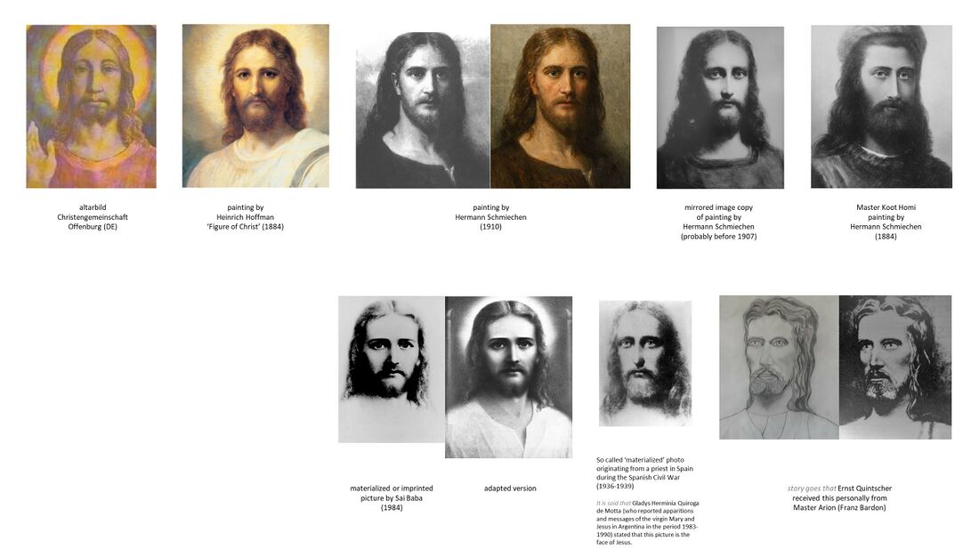 shows a further selection of various contemporary artistic depictions of Jesus. See Schema FMC00.657 for disclaimer and commentary. Above some well known imagery by Heinrich Hoffman (1824-1911) and Hermann Schmiechen (1855-1925) who both made multiple paintings. Yogananda used some of the Hoffman works as illustrations to his second volume of The Second Coming. Above right: a Jesus painting by Schmiechen was mirrored for comparison with an earlier painting of Master Koot Homi some 20 years before, observe the similarity. Note theosophist Schmiechen made paintings of the Masters for Blavatsky in the 1880s (from Schema FMC00.309), then later joined the German theosophical society where Rudolf Steiner asked him in 1905 to make copies of these for use in the esoteric lessons. Below: some illustrations of so-called images of Jesus or Christ-Jesus that circulate worldwide, all with a (usually sensational) story attached.