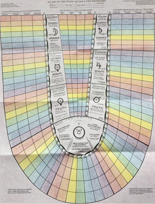 depicts the Life Chart diagram by George and Gisela O'Neil (based on Rudolf Steiner's lecture of 1924-08-16-GA311) - see Schema FMC00.237A for more info. The diagram is is used for and appears in many books for personal biography work. Click image to download at any resolution.
